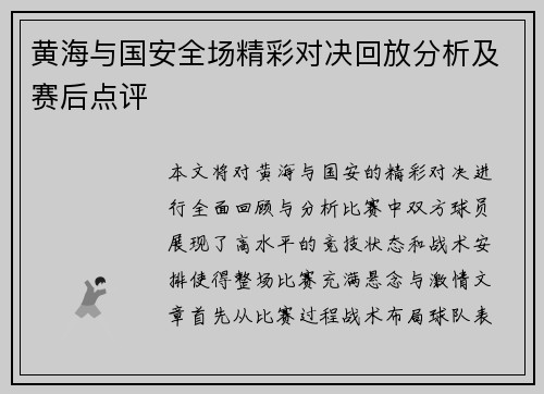 黄海与国安全场精彩对决回放分析及赛后点评